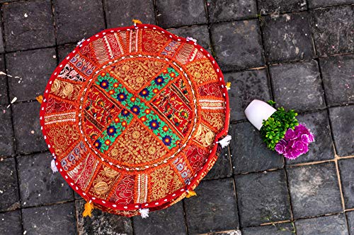 THE ART BOX Cotton Patchwork Vintage Boho Embroidered Bean Bag Seating Pouf Covers Ottoman Kids Stool Decorative Chair Boho Home Décor (14x22 Inches, Cover Only) - color: Red, size: 22"D x 22"W x 14"H