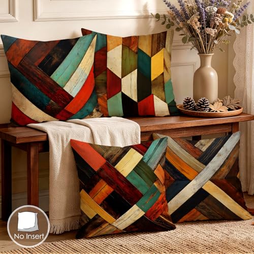 OBSEDE Retro Colored Wood Grain Geometry Decorative Throw Pillow Covers 18 × 18 in, Set of 4, Couch Cushion Cases Inserts for Sofa Bed Living Room Home Decor, Single Side Print - color: Retro Woodgrain Geometric Art, size: 18" x 18" (Pack of 4)