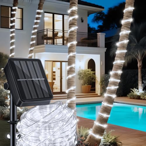 LairtPOW Solar Rope Lights, 39FT 100LEDs Outdoor Solar Strip Lights,IP65 Waterproof Outdoor Led Rope Lights with 8 Lighting Modes for Garden Yard Christmas Holiday Palm Tree Decoration (Cool White) - color: Cool White, size: 100 LED