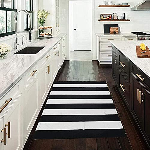 CAINANEL Black and White Striped Outdoor Rug 27.5X 43 inches Front Door Mat Hand-Woven Cotton Indoor/Outdoor for Layered Mats,Welcome Mat, Porch,Farmhouse,Kitchen,Entry Way - color: Black&white Stripe D, size: 2'4" x 3'7" (Rectangular)
