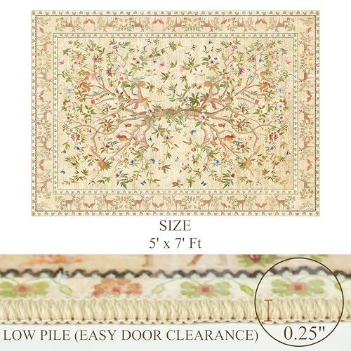 5x7 Area Rugs, Machine Washable Non-Slip Rug, Boho Floral Botanical Soft Low Pile Throw Rugs for Living Room, Bedroom, Dining Room, Office (Beige) - color: Beige, size: 7' x 5' (Rectangular)