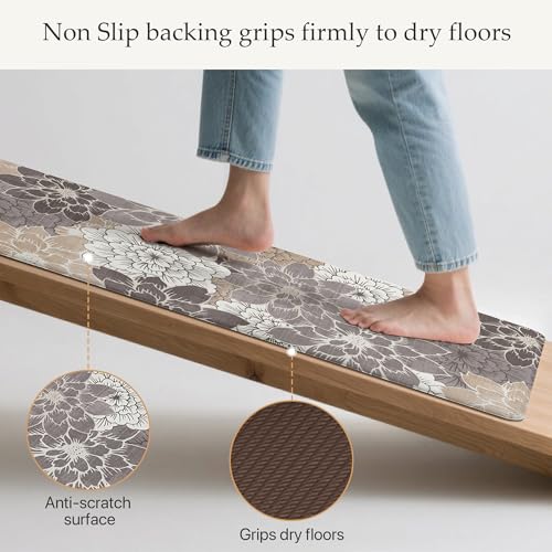 GENIMO Kitchen Mats for Floor, Kitchen Rugs Non Slip Washable Sets of 2, Waterproof Cushioned Anti Fatigue Mat, Floral Runner Rug for Laundry, Sink, Office, Home, 17.3"x47"+17.3"x30", Coffee Brown - color: Coffee&brown, size: 17.3"x47"+17.3"x30"