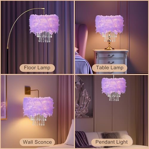 Feather Lamp Shade with Acrylic Beads Droplets, Fluffy Lampshade for Pendant, Table, Floor & Wall Lighting, Girl Bedroom Decor, ID 11.8inch, OD 15.7inch, Purple - color: Purple, size: 15.7 inches