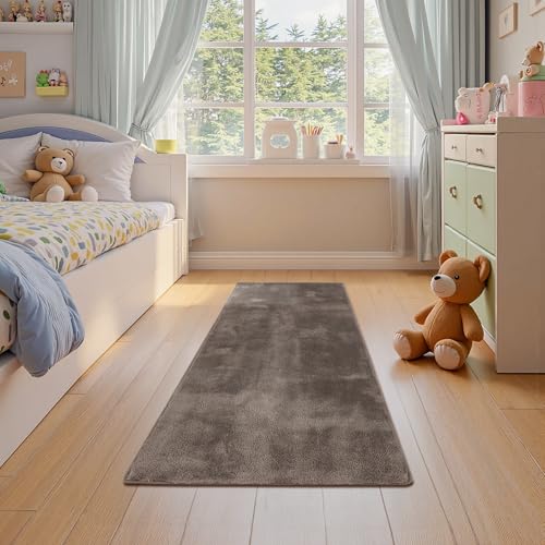 jinchan Solid Plush Runner Rug 2x5 Performance Shaggy Washable Hallway Rug Soft Modern Faux Wool Cozy Non Slip Carpet for Bedroom Laundry Room Living Room Kids Nursery Brown - color: Solid Brown, size: 2' x 5' (Runner)