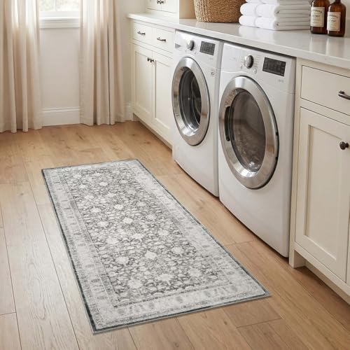 jinchan 2x5 Washable Vintage Runner Rug, Distressed Traditional Floral Hallway Runner, Soft Low-Pile Non-Slip Floor Mat for High-Traffic Kitchen Entryway Laundry Room Bathroom Vanity, Grey - color: Oriental Grey, size: 2' x 5' (Runner)