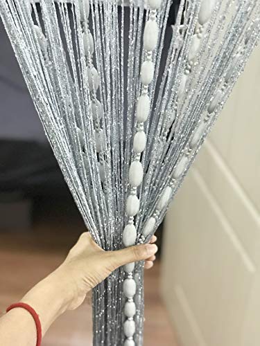 Door String Curtain Flat Silver Ribbon Thread with Shaggy Tassel Room Divider, 39’’x79’’ (Grey-style2) - color: Grey-style2
