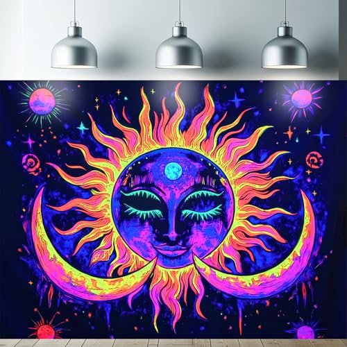 Starlit Patio Blacklight Tapestry UV Reactive Tapestries Sun Moon Wall Hanging Trippy Neon Glowing Tapestry for Bedroom Living Room Dorm Decor Aesthetic Hippie Art Boho Wall Bohemian Poster - color: Sun Moon