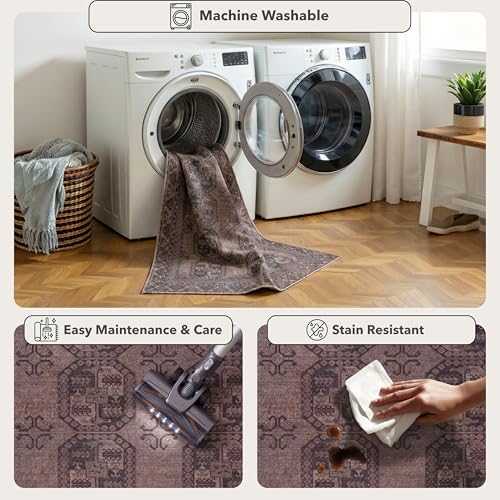 Kuden 2x3 Small Rug, Machine Washable, Non-Slip Backing, Vintage Style, Soft, Low Pile, Area Rugs for Entryway Kitchen Indoor Entrance - color: Brown, size: 2' x 3' Rectangular