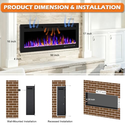BETELNUT 50" Electric Fireplace Wall Mounted and Recessed with Remote Control, 750/1500W Ultra-Thin Wall Fireplace Heater W/Timer Adjustable Flame Color and Brightness, Log Set & Crystal Options - size: 50 Inch
