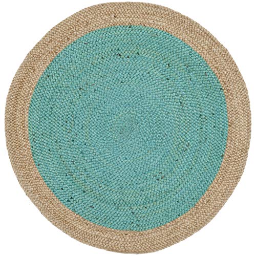 SAFAVIEH Area Rug 3' Round - Natural Fiber Collection - Teal & Natural Brown, Handmade Jute, Braided Border Design (NF801E) - color: Teal/Natural, size: 3' (Round)