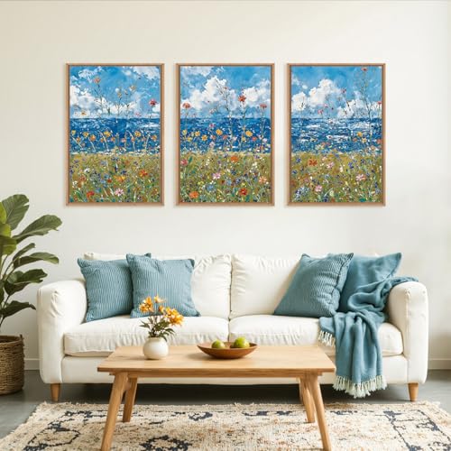 BICERE Large Blue Seaside Wildflower Framed Canvas Wall Art,Modern Nature Ocean Wall Decor,Rustic Sky Printing,White Cloud Landscape Artwork for Living Room,Bedroom,Dining Room-24"x36"x3 - color: Seaside Flowers Wall Art, size: 36"L x 24"W