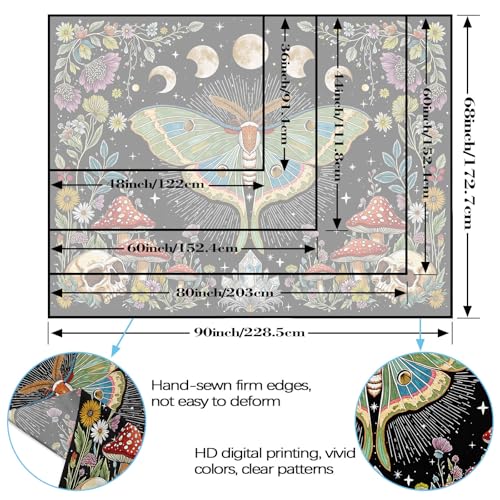 Accnicc Moth Tapestry Boho Mushroom Hippie Skull Wall Tapestry for Bedroom Aesthetic Vintage Floral Plant Moon Phase Large Tapestries Wall Hanging for Dorm Living Room Decor 80 x 60 Inch - color: Green Black, size: 80"L x 60"W