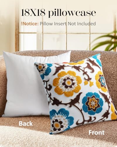 Embroidered Throw Pillow Cover - 18x18 Decorative Pillow Cover with Zipper Aesthetic Cute Design Boho Spring Summer Cozy Throw Pillowcase for Living Room Couch Sofa Bed, Floral - color: Floral, size: 18" x 18" (Pack of 1)
