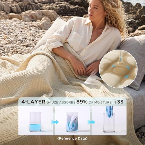 Bedsure 100% Cotton Muslin Blanket King Size for Bed - 4-Layer Lightweight Breathable Summer Gauze Muslin Blanket for Adults, Soft Thin Quilt Bedspread Coverlet All Season, Linen Beige, 108x90 Inches - color: 00 - Beige, size: King (108" X 90")
