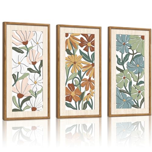 KAIRNE Vintage Colorful Floral Wooden Wall Art Set of 3,Abstract Boho Wood Decoration,Mid Century Modern Flower Wall Decor,Minimalist Wildflower Artwork for Living Room Bedroom Office,8X16 inch - color: Vintage Colorful Floral, size: 8"L x 16"W