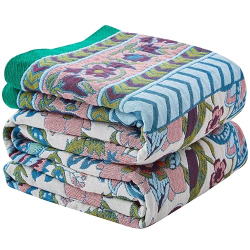 Boho Blanket Soft Muslin BohoThrow Blanket, 100% Cotton Floral Printed Farmhouse Decor All Season Reversible Rustic Throw for Sofa Couch Chair (White, 50"x60") - color: White, size: 50"x60"