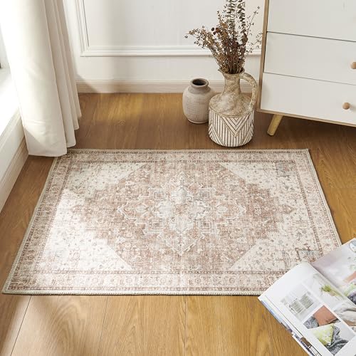 Small Area Rug 2x3, Non Slip Neutral Farmhouse Persian Washable Entryway Rug Indoor, Tan Beige and Light Brown Rust Pattern - color: Coffee/Rust Brown, size: 2' x 3' (Rectangular)
