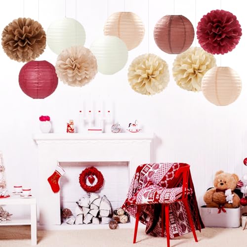 Burgundy-Brown Champagne Party-Decorations Paper-Flowers Lanterns - 15PCS Fall Boho Tissue Pom Poms Streamers,Autumn Rustic Baby Shower Neutral Wedding Birthday Decor Hugfond - color: Brown Champagne