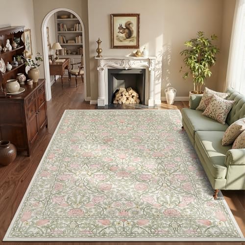 GarveeHome Pink and Green Beige Washable 9x12 Area Rugs for Living Room Vintage Floral Boho Botanical Retro Rug Low Pile Stain Resistance Non Slip Carpet for Bedroom Nursery Dining Room - color: A Beige / Pink, size: 9' x 12' (Rectangular)