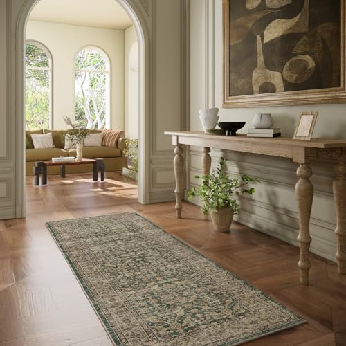 Machine Washable Hallway Runner Rugs: 2'x6' Kitchen Rug Stain Resistant Non Slip Low Pile Soft Carpet Runners for Hallways Indoor Entryway Kitchen Laundry Room Bedroom Bathroom Farmhouse - color: Dark Green Brown, size: 2' x 6' (Rectangular)