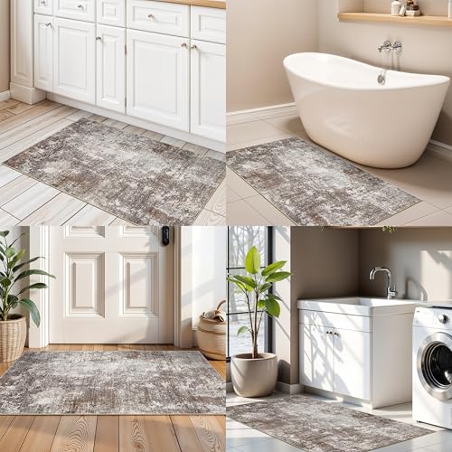 2x4 Washable Non-Slip Runner Rug – Small Throw Rug for Kitchen Floor, Bedroom, Entryway, Bathroom, Bedside – Modern Abstract Neutral Low-Pile Thin Indoor Door Mat (Brown Beige,2x4) - color: Brown Beige, size: 2' x 4' (Rectangular)
