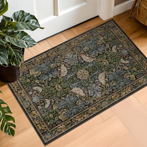 Hazo Haus Washable Dark Vintage Floral Rugs for Entryway - Small 2x3 Washable Rug for Kitchen Bathroom Door Mat Indoor Entrance with Bird & Botanical Pattern, Brown Earthy Tones, Non Slip Low Pile - color: Dark Green / Brown, size: 2' x 3' (Rectangular)