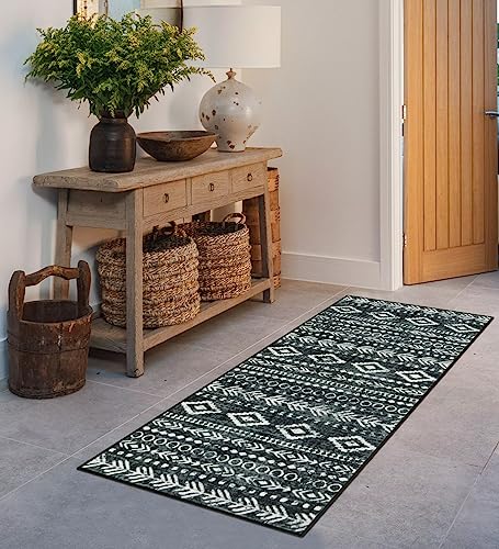 Lahome Washable Rug Runners for Hallways Non Slip, Boho Moroccan Black White 2x5 Hallway Runner Rug with Rubber Backing, Low-Pile Soft Rustic Tribal Print Carpet Runner for Bedroom Entryway Varena - color: Black/White, size: 2' x 5'
