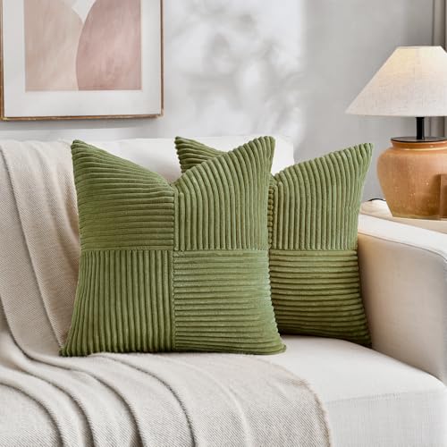 Fancy Homi 2 Packs Moss Green Samll Decorative Throw Pillow Covers 12x12 Inch with for Couch Bed Sofa, Rustic Farmhouse Boho Home Decor, Soft Corss Patchwork Corduroy Square Cushion Case 30x30 cm - color: Moss Green, size: 12" x 12" (Pack of 2)