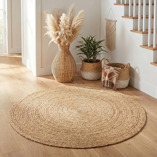Jute Braided Area Rug, Natural - 4 Feet Round, Boho Neutral Rattan Circle Hand Woven Rugs for Living Room, Bedroom, Nursery, Kitchen, Indoor Use | Farmhouse Rustic Patio Floor Mat for Home Décor - color: Natural, size: 4' (Round)