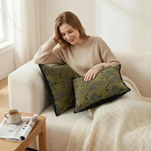 Mantle & Mason Leopard Throw Pillow Covers 18x18 Set of 2 Cheetah Decorative Pillow Covers for Couch Bed Living Room Mid Century Modern Soft Cushion Covers Dark Green - color: Leopard Green, size: 18" x 18" (Pack of 2)