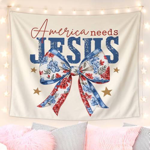 Lacama Christian Bow Tapestry, Cute independence day Tapestry Decorative for Room Bedroom College Dorm Apartment, 50x60 Inches - color: America needs jesus