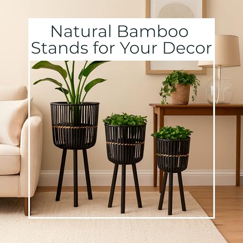 Decorative Bamboo Footed Planters for Home Decor - Garden Plant Pots for Indoor Living Room Decor or Outdoor Patio Areas - Flower Pots for Entryway and Backyard - Set of 3, 27", 23", 19", Black - color: Woven Black, size: 26" H