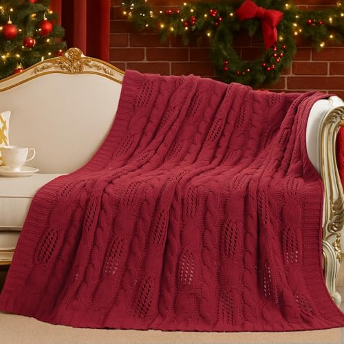 Amélie Home Chunky Knit Throw Blanket, Reversible Soft Chenille Breathable Cable Knitted Blanket for Couch and Sofa, Farmhouse Decorative Throw for Chair, 50"x60", Christmas Red - color: Christmas Red, size: Cable Knit 50"x60"