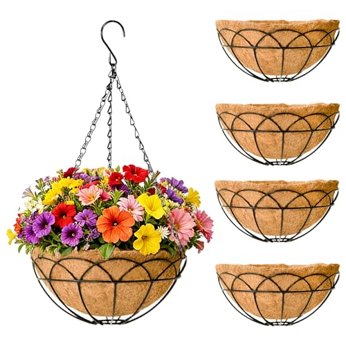 EIMQUVW 4-Pack Outdoor Metal Hanging Baskets 14 Inches Black Round Flower Pot with Coconut Fiber Lining Decorative Wire Hanging Planter Suitable for Patios Gardens and Walls - size: 14 Inch, style: Lotus