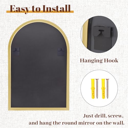 26" x 38" Luxury Arched Bathroom Mirror - Arch Wall Mirror with Shatterproof Tempered Glass and Metal Deep Frame, Hanging or Leaning for Living Room, Dresser, Entrance and Hallway, Gold - color: Gold, size: 38"L x 26"W