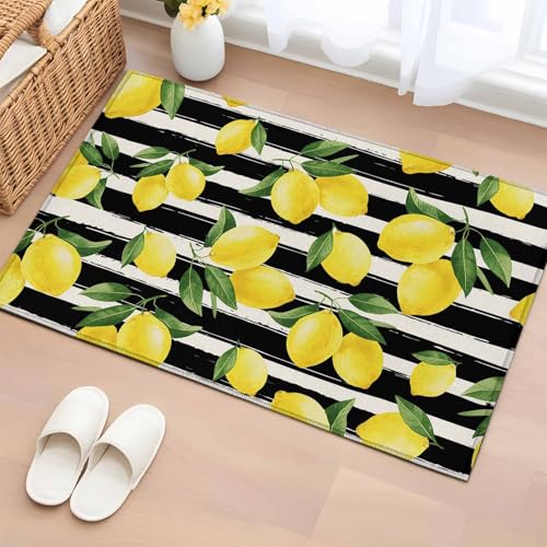 Yellow Lemon 2x3 Small Rug for Entryway Kitchen Front Door, Summer Fruit Black White Striped Country Washable Throw Rug Absorbent Non-Slip Indoor Floor Mat for Kitchen Entrance Dog Home Office Decor - color: Yellow, size: 2' x 3' (Rectangular)