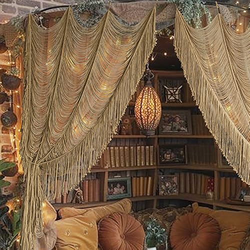 Macrame Curtain Boho Curtain Doorway Window Wall Decor Fiber Yarn Art Handwoven Wall Hanging Art Craftsmanship Home Door Bedroom Wedding Backdrop Arch,Closet Room Divider 59" W x 75" H (1 Panel,Khaki) - color: Khaki