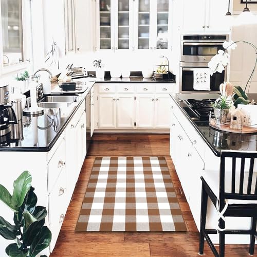 Homydecor Buffalo Plaid Outdoor Rugs, 28'' x 43'' Coffe and White Checkered Area Rug, Layering Rug for Hello/Welcome Door Mat, Washable Cotton Woven Farmhouse Mat for Front Porch Décor - color: Coffee & White Plaid, size: 2'4" x 3'7" (Rectangular)