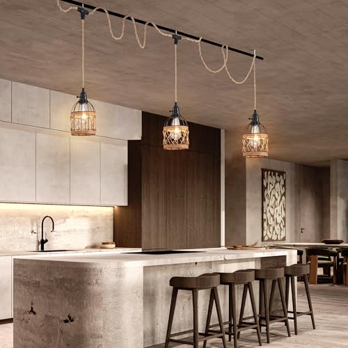 3 Light Hemp Rope Plug in Pendant Light Rattan Hanging Lights with Plug in Cord with Woven Lamp Shade, Plug in Cord Hemp Rope Hanging Lamp - color: 3 Light Rattan Pendant Light
