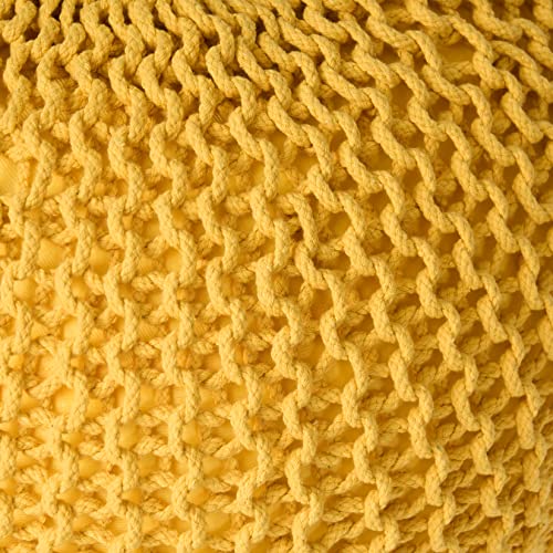 Round Boho Pouf Ottoman - Cable Knitted Cord Boho Pouffe - Stuffed Poof Accent Beanbag Footrest for Living Room - Nursery - Bedroom - Covered Patio - Study Nook (20"x20"x13") (Yellow-1) - color: Yellow-1