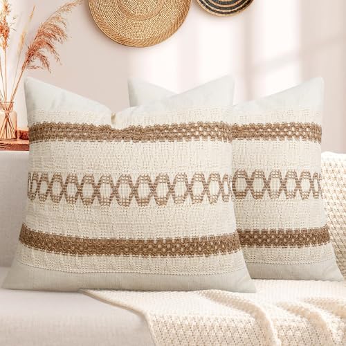Pyonic Pack of 2 Boho Throw Pillow Covers 18x18 Inch Farmhouse Decorative Throw Pillows for Bed Sofa Living Room,Gray Modern Cushion Cover Couch Pillows Cover Home Decor - color: Beige+white
