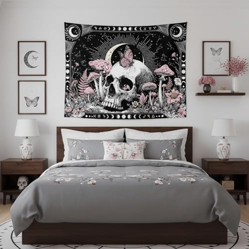 Accnicc Gothic Skull Tapestry Goth Skeleton Butterfly Mushroom Tapestries Wall Hanging Witchy Plant Floral Celestial Constellation Small Tapestry for Bedroom Living Room Dorm 48 x 36 inch - color: Pink White, size: 48"L x 36"W