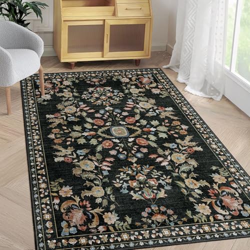 MUJOO 3x5 Rug Washable,Black Floral Area Rugs for Bedroom Bedside Entryway Living Room Kitchen,Floral Boho Small Indoor Floor Rug Non Slip Throw Carpet Low Pile Vintage - color: Black, size: 3' x 5' (Rectangular)
