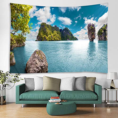 LYFANS Blue Lake Island Printed Fabric Tapestry Decorative Wall Art Tablecloth bedspread Picnic blanket Beach towel Bedroom Dormitory Living Room Multifunctional tapestry 79 x 59 inches - color: Blue Lake Water Island, size: 79x59inch