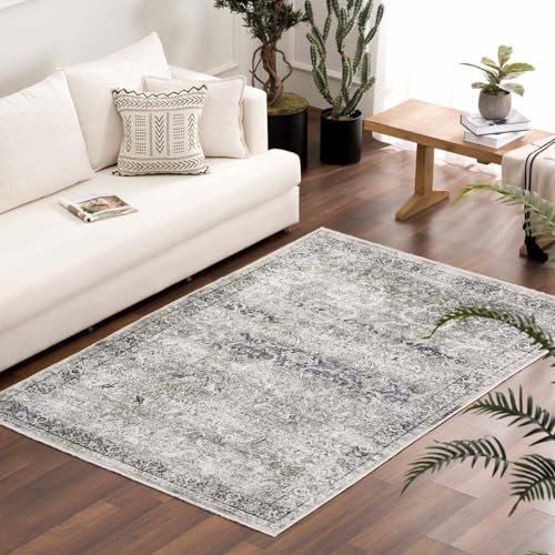 Hauteloom Wentworth Bohemian Vintage Medallion Area Rug - Farmhouse Oriental Carpet for Living Room, Bedroom - Machine Washable - Gray - 6'7" x 9' - color: Gray, White / Arista, size: 6'7" x 9' (Rectangular)