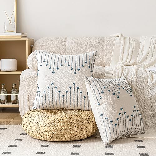 LILEPOY Boho Throw Pillow Covers 20x20 Set of 2 Neutral Decorative Textured Cushion Case Farmhouse Pillowcase Modern Square Pillow Covers for Sofa,Couch, Living Room,Beige and Blue - color: Beige and Blue, size: 20" x 20" (Pack of 2)