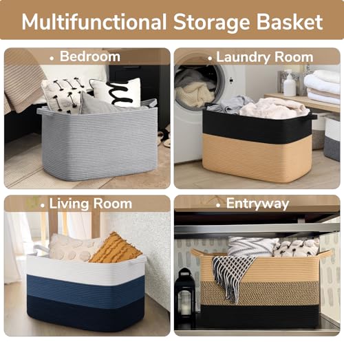 Goodpick Large Woven Blanket Basket 23.6" x 15.7" x 13.8" Cotton Rope Storage Organizer for Dirty Clothes Pillows, Wicker Storage Basket for Living Room Bedroom, Black & Jute - color: Black Camel, size: X-Large(23.6"L x 15.7"W x 13.8"H)