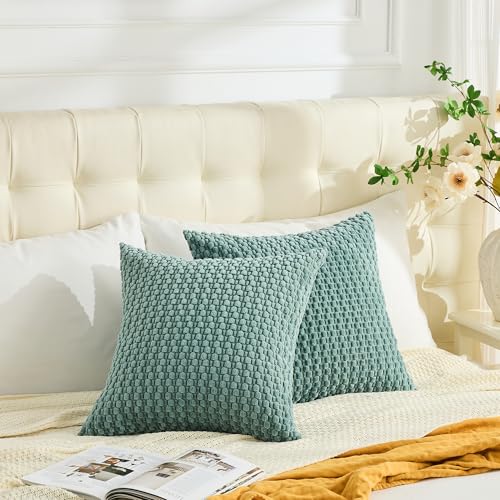 GAWAMAY Decorative Throw Pillow Covers 22x22 Inch Set of 2 for Living Room Couch Bed Sofa, Farmhouse Square Cushion Cover Soft Striped Corduroy Pillow Cases Boho Accent Home Decor (55x55cm) Blue Green - color: Blue Green, size: 22" x 22" (Pack of 2)