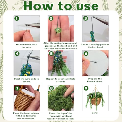 GUJYUYIF Beaded Plant Kit Green Glass Beads for Plant Making with Rattan Basket, Hanging Suncatchers Beading Kit for Jewelry Making DIY Craft Kit Plants - color: Basic Green