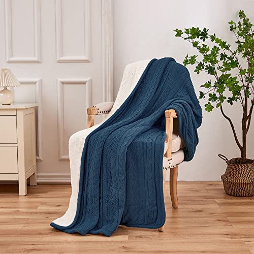 Longhui bedding Acrylic Cable Knit Sherpa Throw Blanket - Thick, Soft, Big, Cozy Grey Blue Knitted Fleece Blankets for Couch, Sofa, Bed - Large 50 x 63 Inches Gray Blue Coverlet All Season - color: Grey Blue, size: 50" x 63", Standard